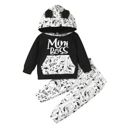 

TheFound Newborn Baby Boys Hoodie Set Long Sleeve Letter Dinosaur Print 3D Ears Hooded Sweatshirt Long Pants Outfits