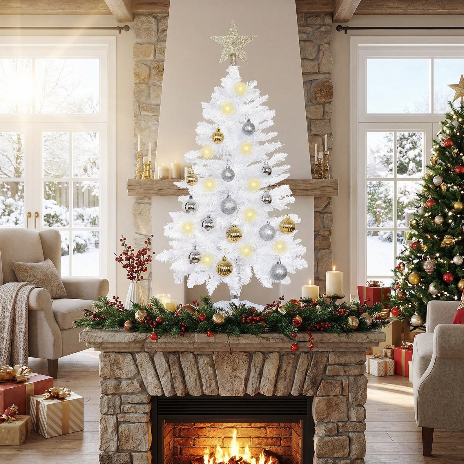 THE BRIVE 3ft Green Artificial Christmas Tree , Includes Ornaments
