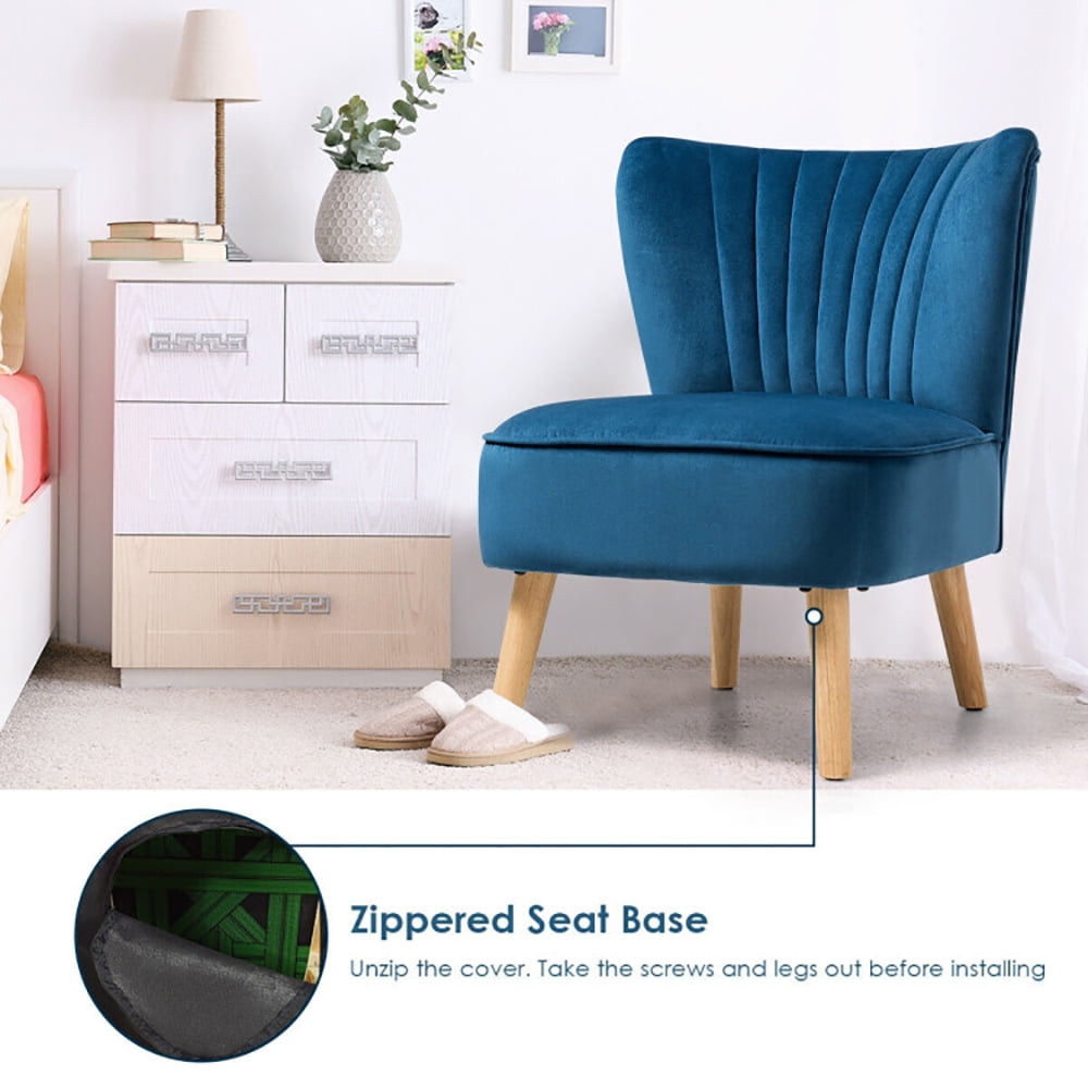 Finihen Velvet Accent Chair, Modern Armless Velvet Accent Chair with Wood Legs, Thickly Padded, Armless Wingback Club Chairs for Living Room, Bedroom, Blue