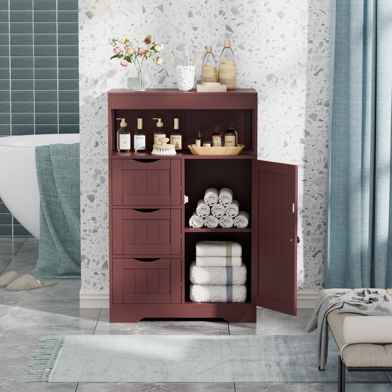 Lacoo Bathroom Floor Cabinet Wooden Storage Organizer with 1 Door, 3 Drawers & Adjustable Shelf Storage Cabinet for Kitchen Living Room Bathroom, Brown