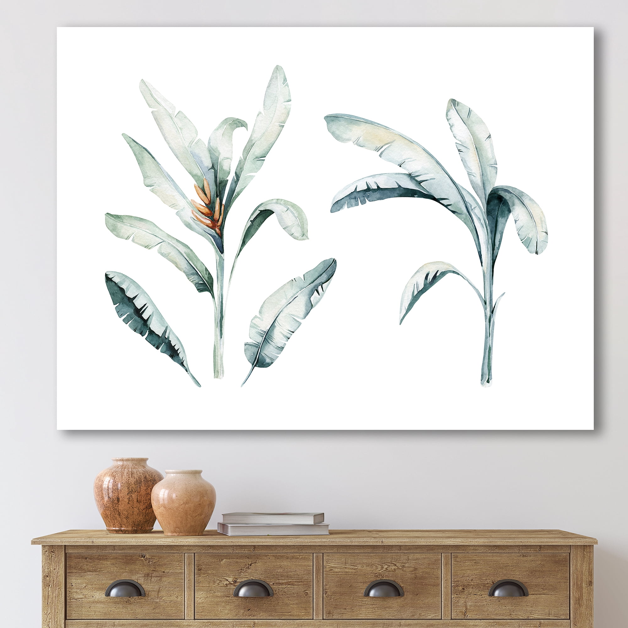 Designart ' Tropical Jungle Leaves On White ' Bohemian & Eclectic Canvas Wall Art Print