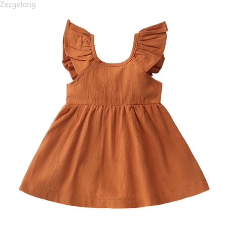 Zecgelong Girls Dresses Flutter Sleeve Casual Summer Dress For Toddlers Age 2 6 Elastic Waist Comfortable Play Outfit With Sandals For Daily Wear Girls Dress For Kids Size 6-7 Years Brown