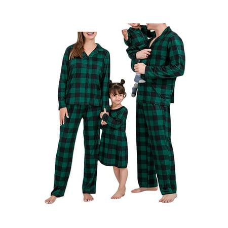 

Family Matching Christmas Pajamas Set Green Plaid Long Sleeve Couple Pjs Set Xmas Sleepwear with Button for Kids Adults