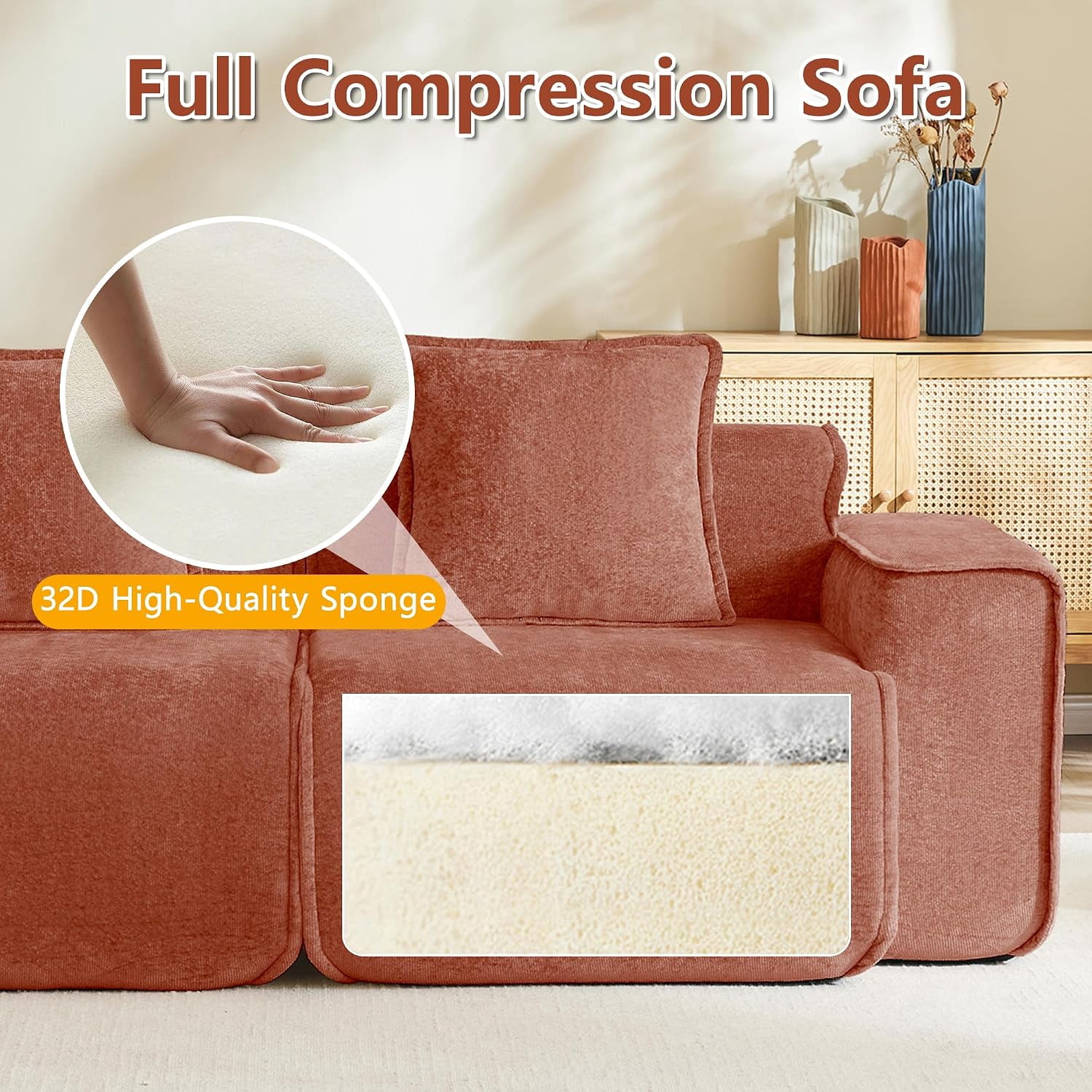 109" 3-Seat Modular U-Shaped Sectional Sofa, Red Velvet with Throw Pillows, No Assembly Required