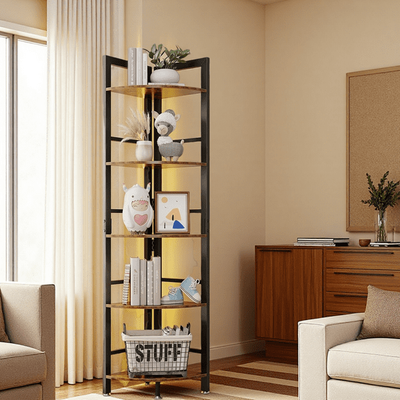 MIDOQIN Corner Shelf Stand with LED Lights, 5-Tier 70" Tall Industrial Bookshelf Display Rack with Steel Frame for Plant, Decor, Brown