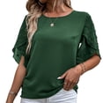 thumbnail image 1 of Mujer Cuello Redondo Top Mangas De Medio Pétalo Costuras De Encaje Tipo Suelto Camiseta Casual para Verano Verde XL, 1 of 6