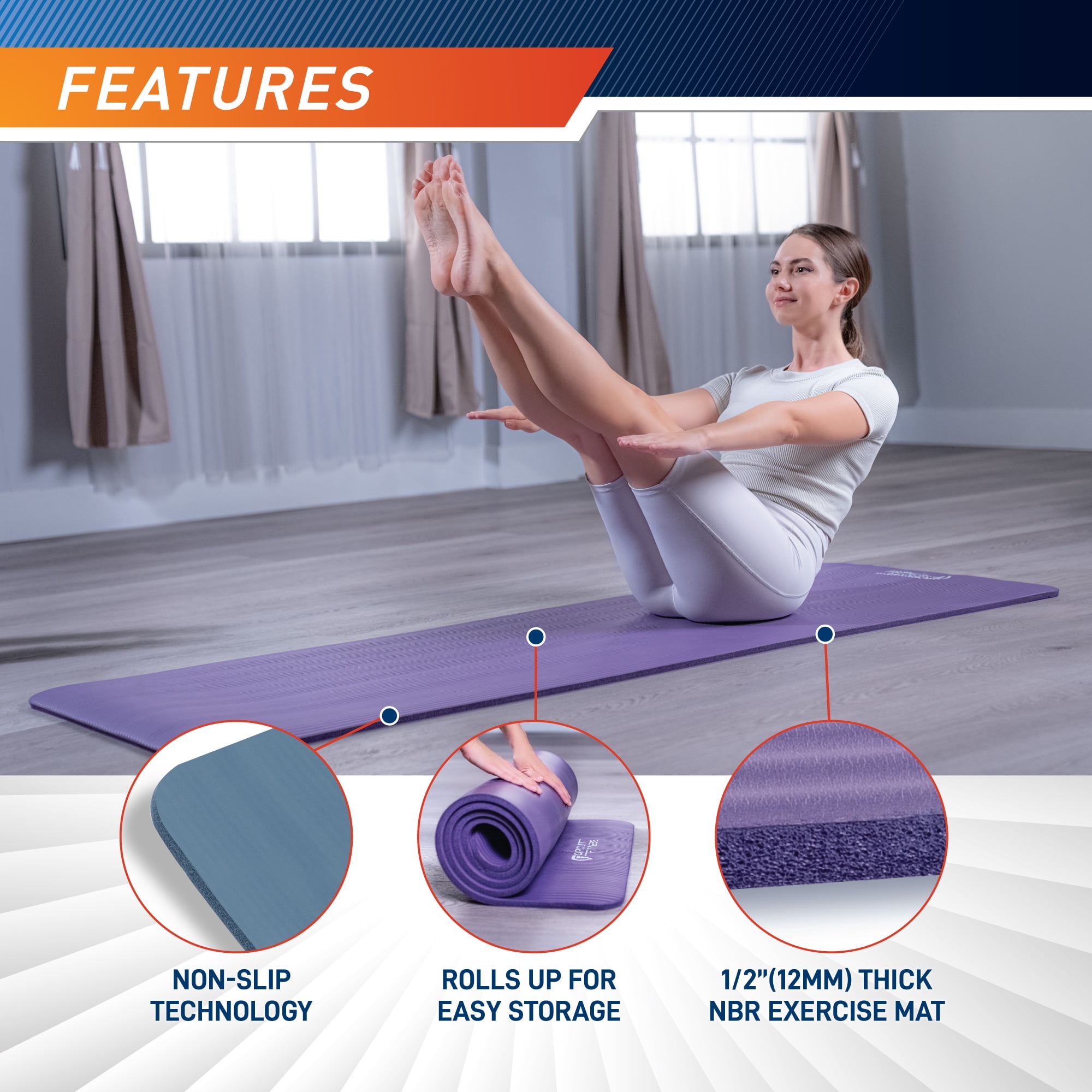 Circuit Fitness by Marcy Non-Slip Multi-Purpose Exercise Yoga Mats with Carrying Strap 1/2" Thick MAT-12-BLACK