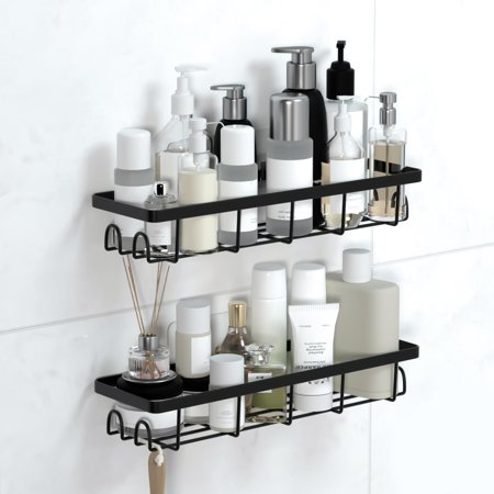 Shower Caddy Organizer with Hooks Adhesive Bathroom Shelf No Drilling Storage Rack Space Saving Bathroom Organizer for RV Apartment Home 2 Pack Black