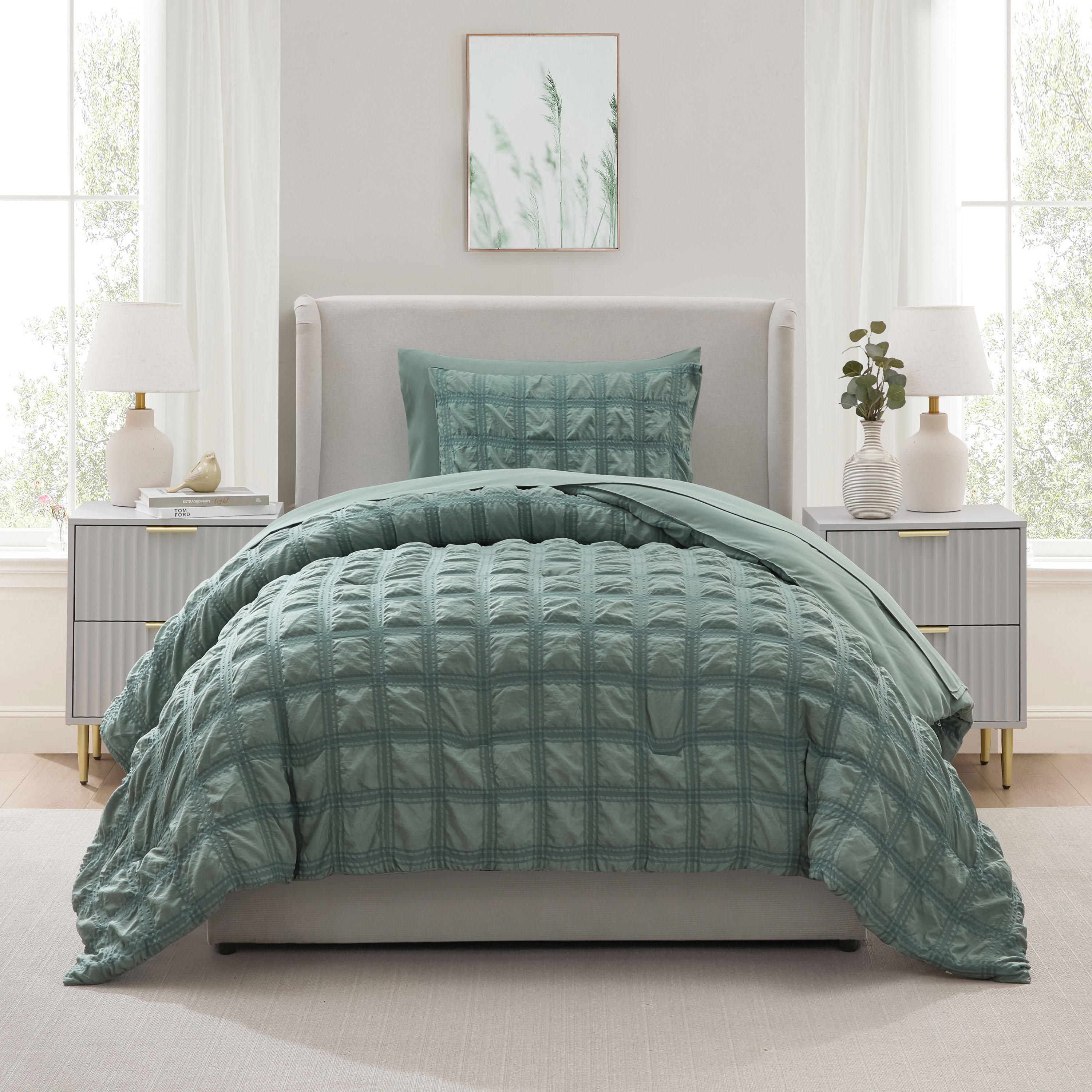 LammaLoe Twin Comforter Sets, 7 Piece Seersucker Bed in a Bag, Bedding Comforter Set with Sheets, Modern Bed Set, Sage Green