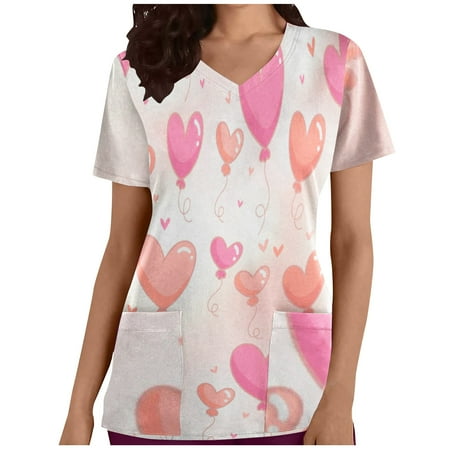 

tklpehg Womens Summer Tops Valentines Lover Gift Tee Tops Leisure V-Neck Short Sleeve Uniform Tops with Pocket Loose Valentine s Day Heart Print Graphic Tee Shirt Trendy White M