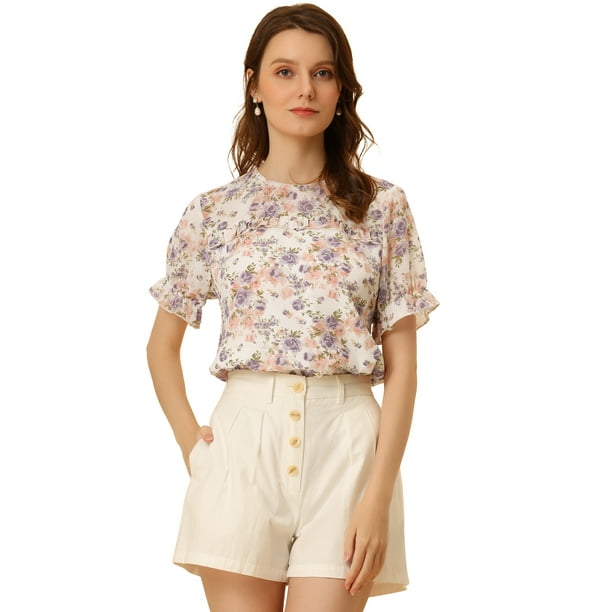 Blusa Floral con Ribete de Volantes Allegra K Rosado Morado XL