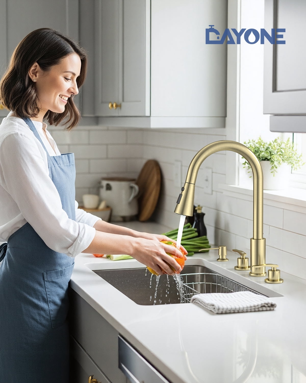 DAYONE Brushed Gold 3 Hole Kitchen Faucet with Separate Handle and Pull Down Sprayer, 2 Handle Sink Faucets for Kitchen/RV with Soap Dispenser Stainless Steel