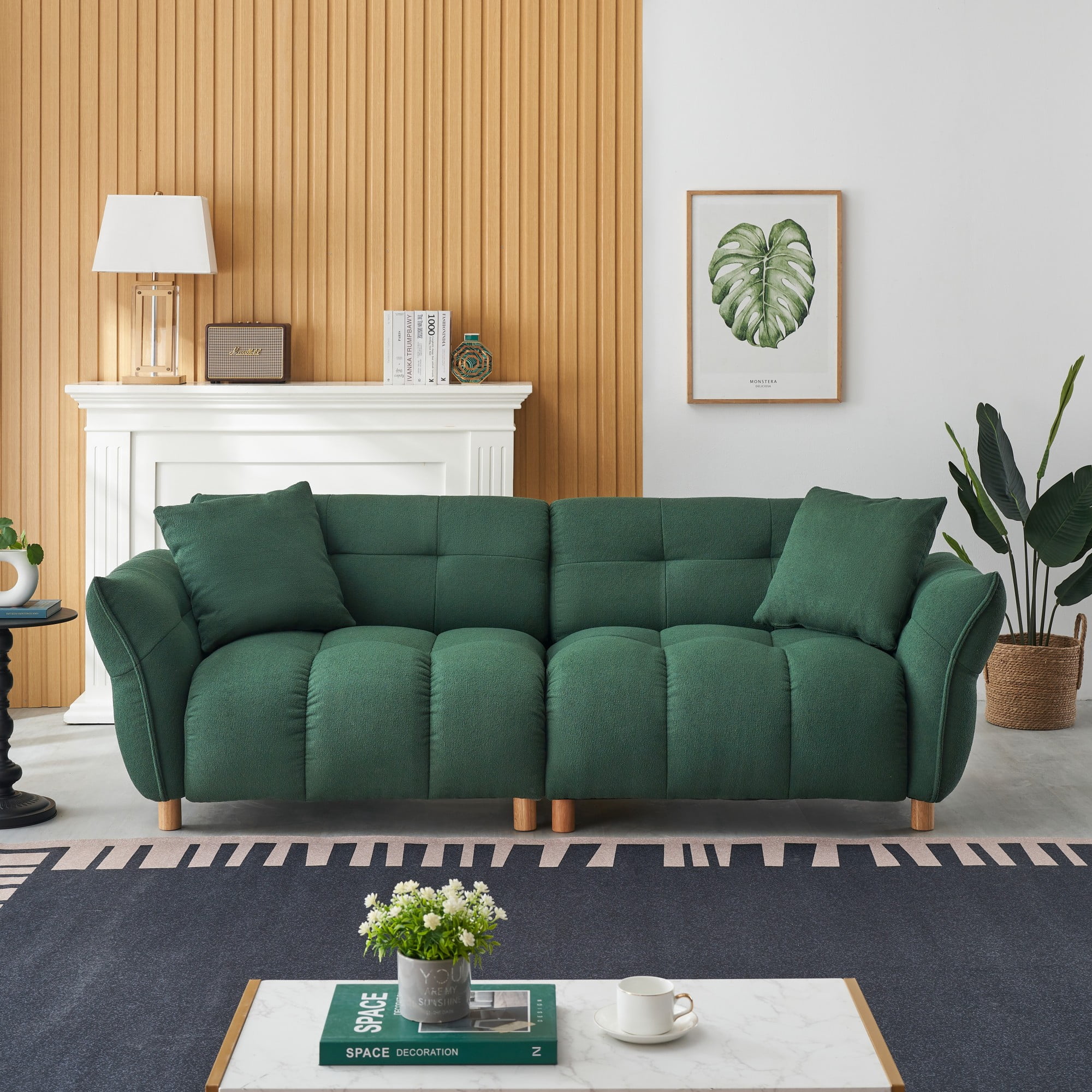 93" Sofa Couch for Living Room,Teddy Upholstered Sofa,3 Seater Couch with 2 Pillows for Apartment,Bedroom,Office,Green