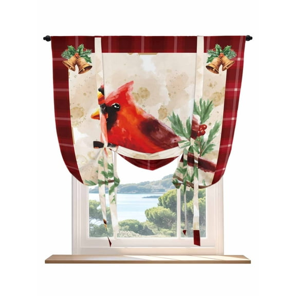Christmas Cardinal Tie Up Curtains for Windows 45 Inch Length Balloon Curtains Kitchen Adjustable Balloon Window Shade Winter Red Bird Vintage Xmas Berry Leaf Tie Up Bathroom Curtain Window 52"x45"