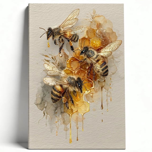 Vintage Honeybee and Honeycomb Framed Canvas Wall Art - Golden Watercolor Botanical Decor - Modern Home Decor for Kitchen, Dining Room, and Office 8*12inch(20*30cm)