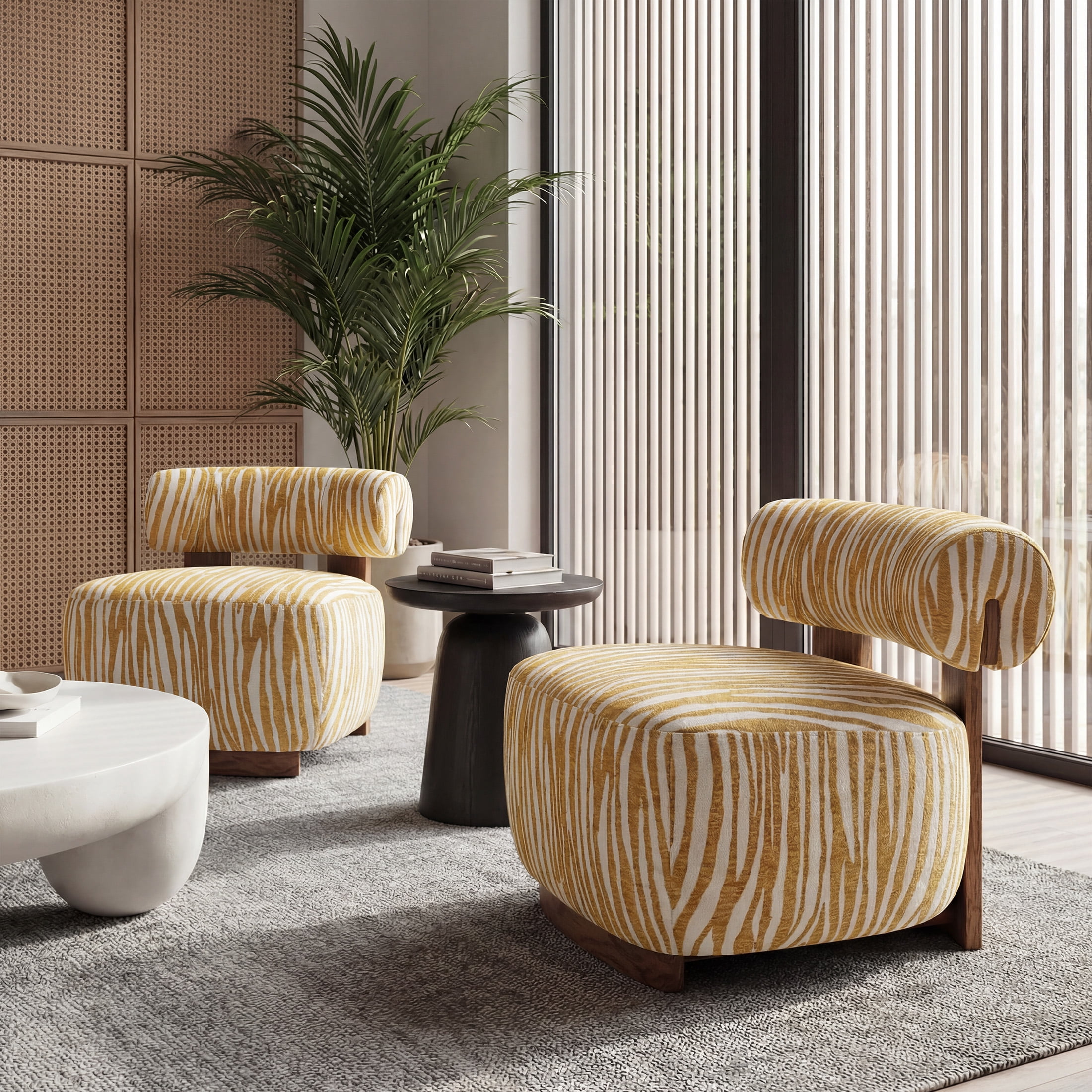 Aukfa Modern Chenille Accent Chair with Zebra-Stripe, Cylindrical Backrest for Living Room, Yellow