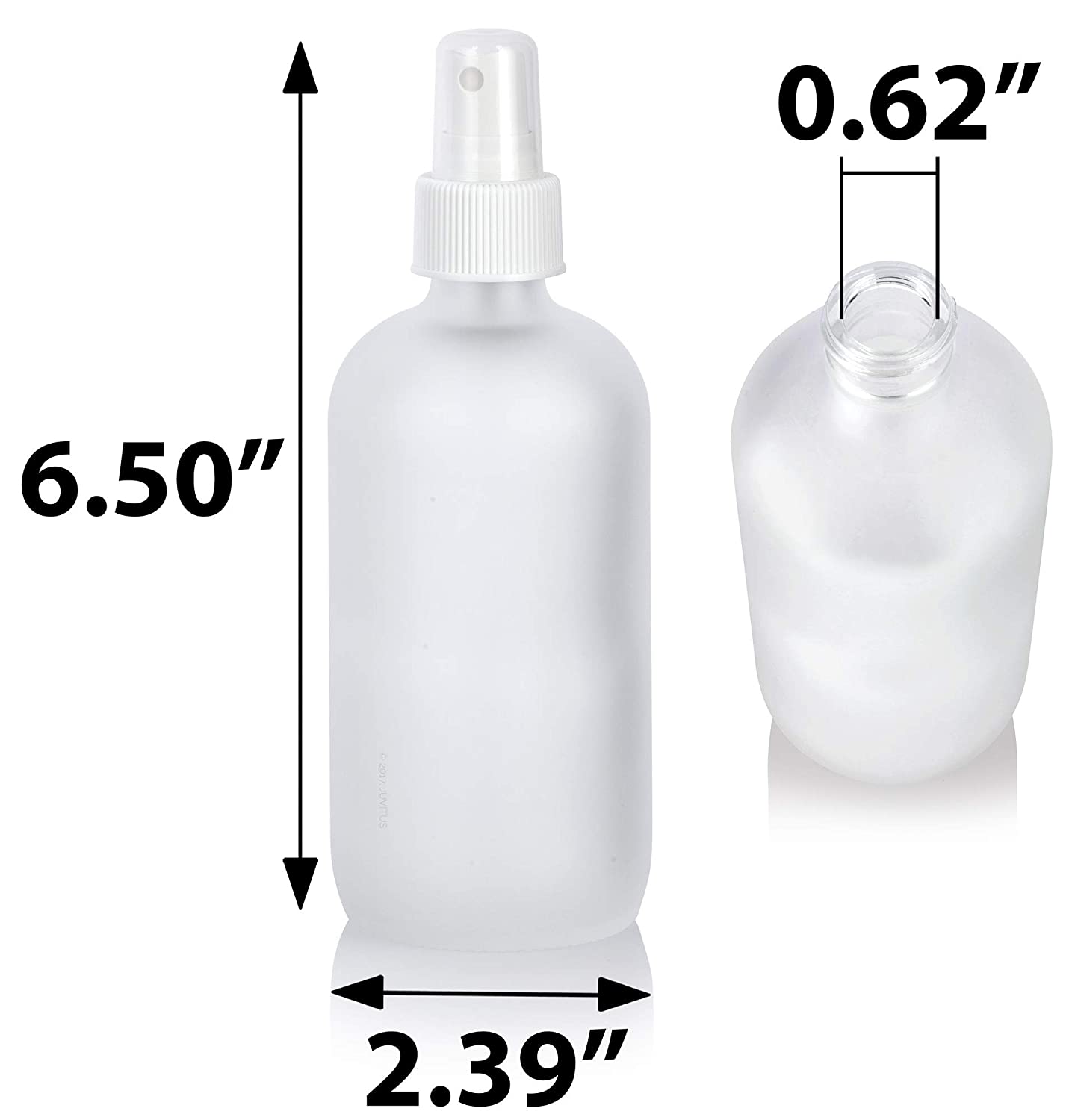 8 oz / 240 ml Frosted Clear Glass Boston Round Bottle with White Fine Mist Spray
