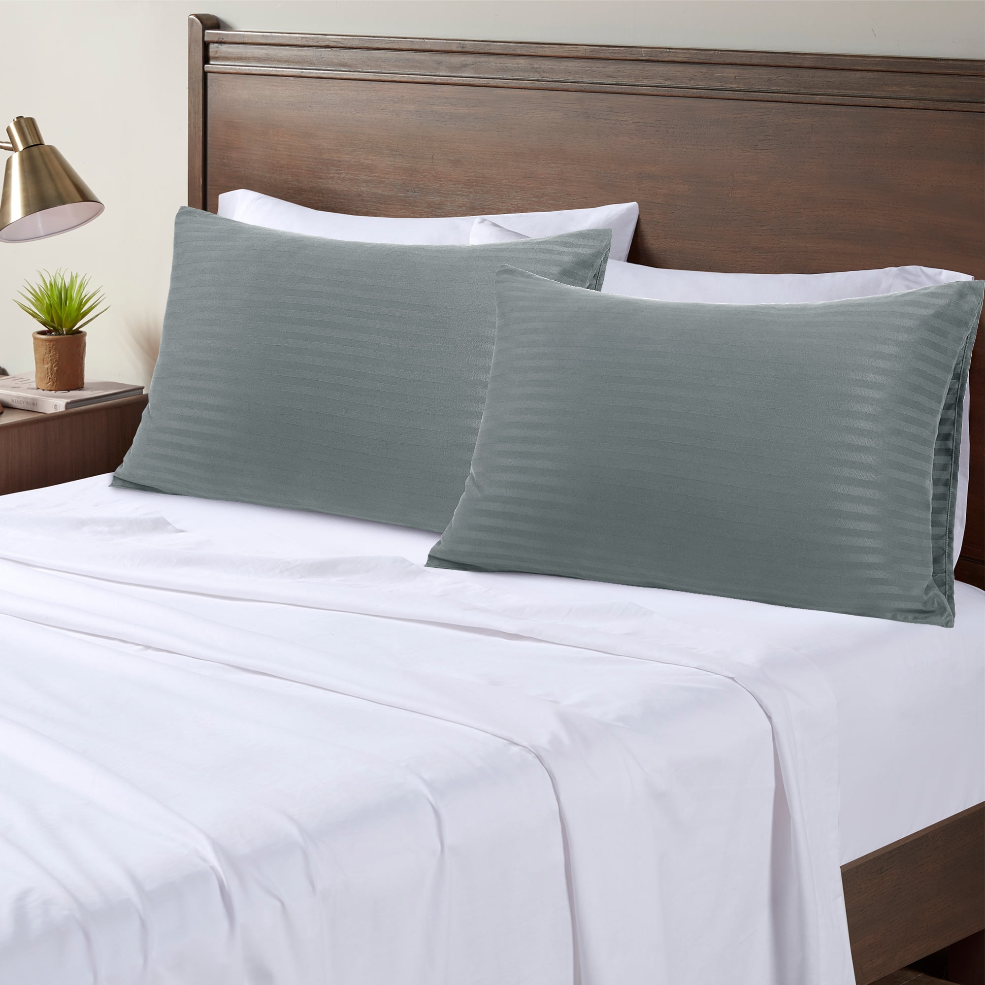 Unique Bargains Soft Durable Set of 2 Microfiber Striped Pillowcase Dark Gray King (20"x36")