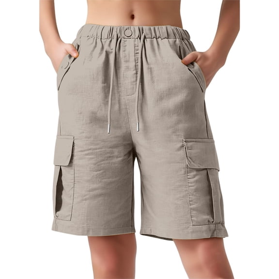 Gtoiithly Plus-Size Women's Summer Trousers, Simple & Loose-Fit Cotton-Linen Casual High-Waisted Shorts, Mid-Length (5-Point) Cargo Style with Pockets Khaki XL