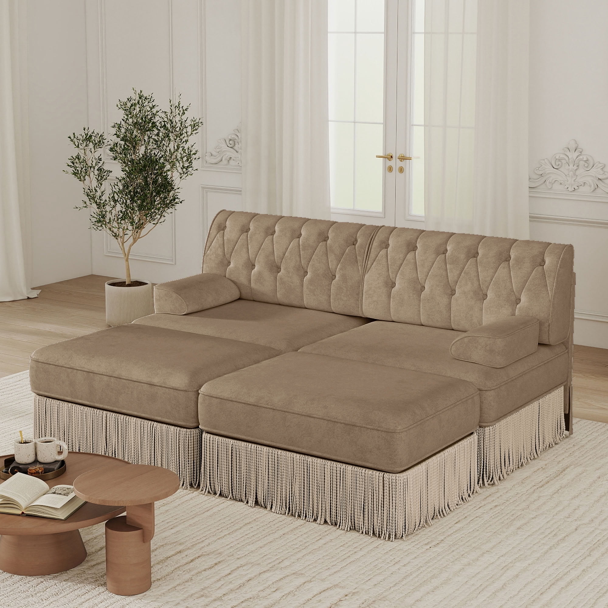 MAYEERTY 2-Seater Chesterfield Sofa, Modular Couch with Tassel & 2 Ottomans, Solid Wood Base for Living Room