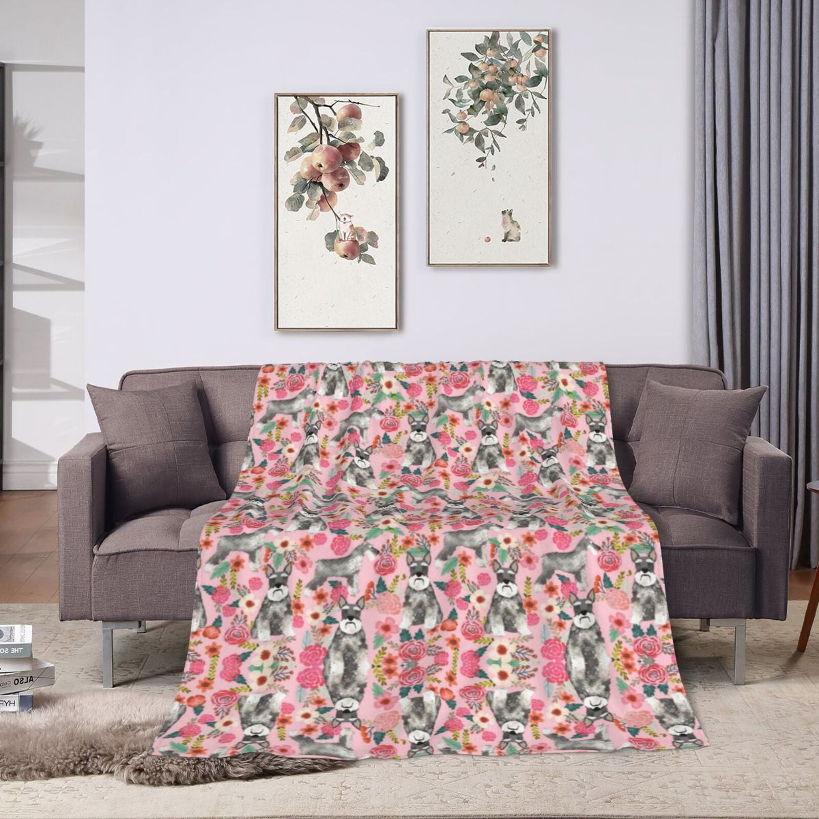 Wijzvio Schnauzer Dogs Flower Floral Throw Blanket Soft Fuzzy Fleece Blanket For Couch Bed Living Room Decoration 60"X50"
