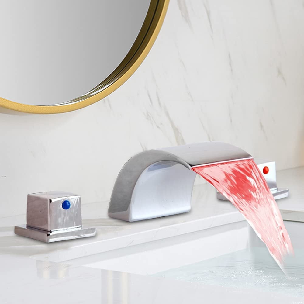 Miumaeov Led Waterfall Faucet, 3 Colored Changing Bathroom LED Light Sink Faucet, LED Light Faucet with Dual Handles & 3 Holes, Premium Brass Body Bathroom Sink Faucet