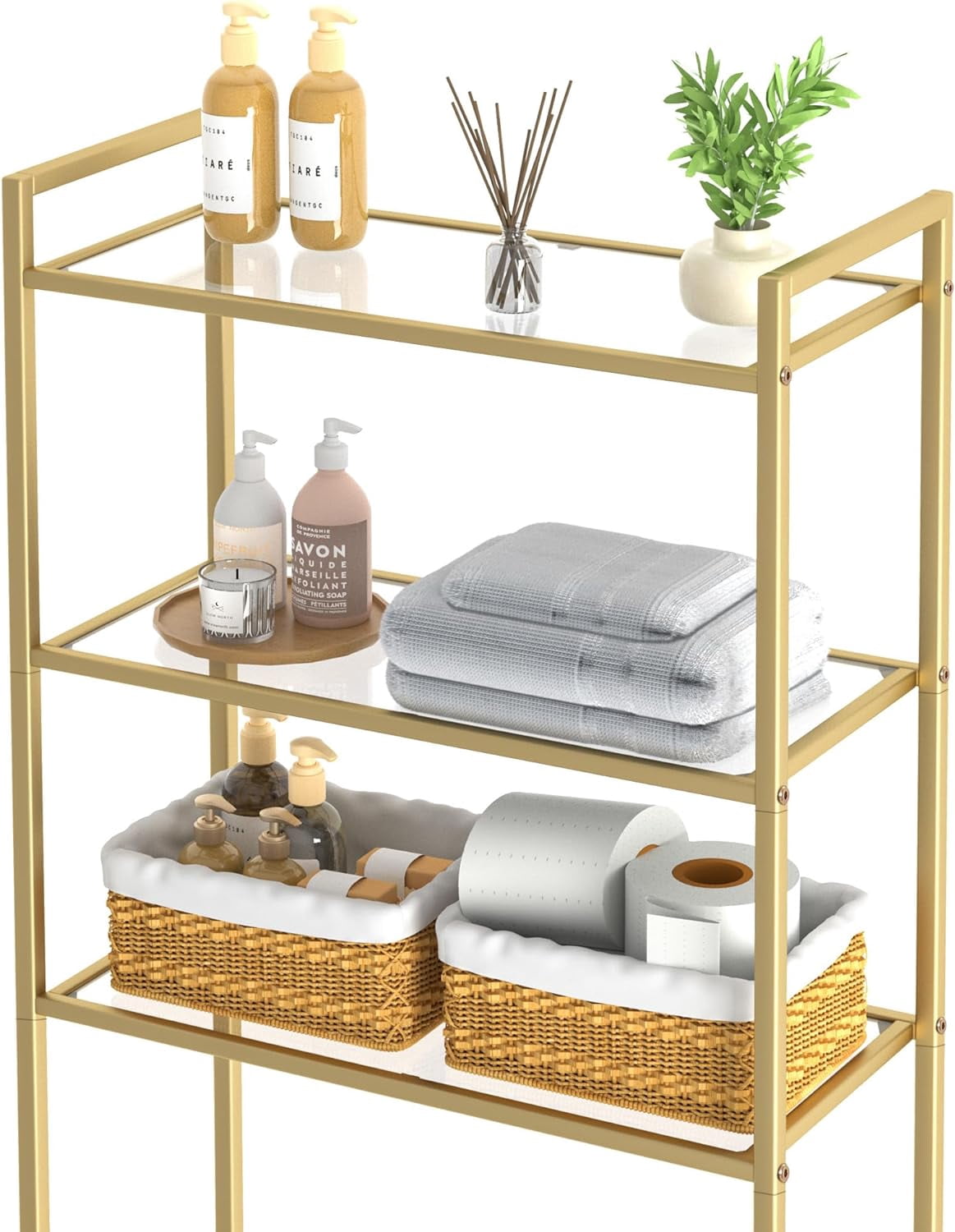Over The Toilet Storage Metal 3-Tier Bathroom Organizer Rack with Tempered Glass Shelves Space-Saving Modern Golden