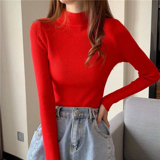 Pull pour Femmes Automne et Hiver Manches Longues Col Mi-Haut style Coréen slim