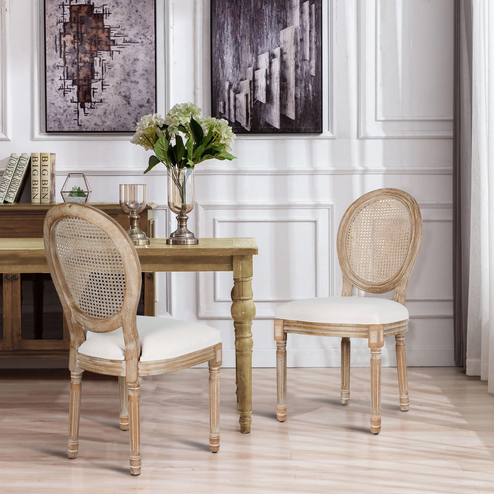 French Dining Chairs Set of 6 Beige Natural Fabric Round Back with Solid Wood Legs and Frame for Bedroom Dining Room Kitchen