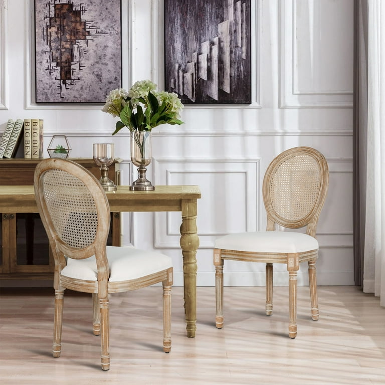 Set of French Dining Chairs, Beige Fabric, Solid Wood Legs, for