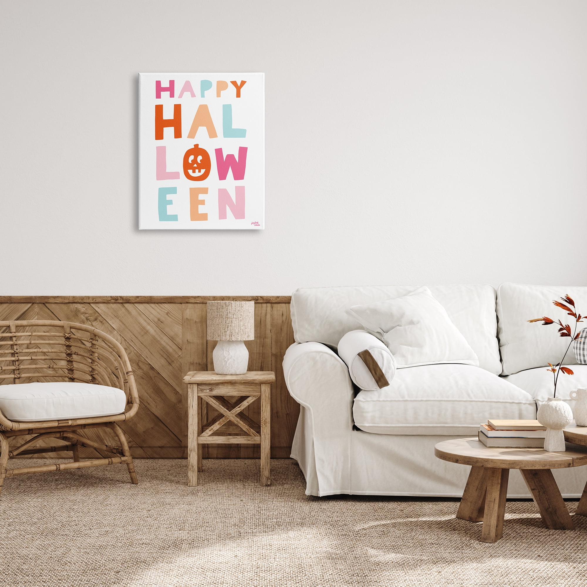 Stupell Industries Pastel Happy Halloween Text Whimsical Pumpkin Motif Graphic Art Gallery Wrapped Canvas Print Wall Art, Design by Jess Baskin