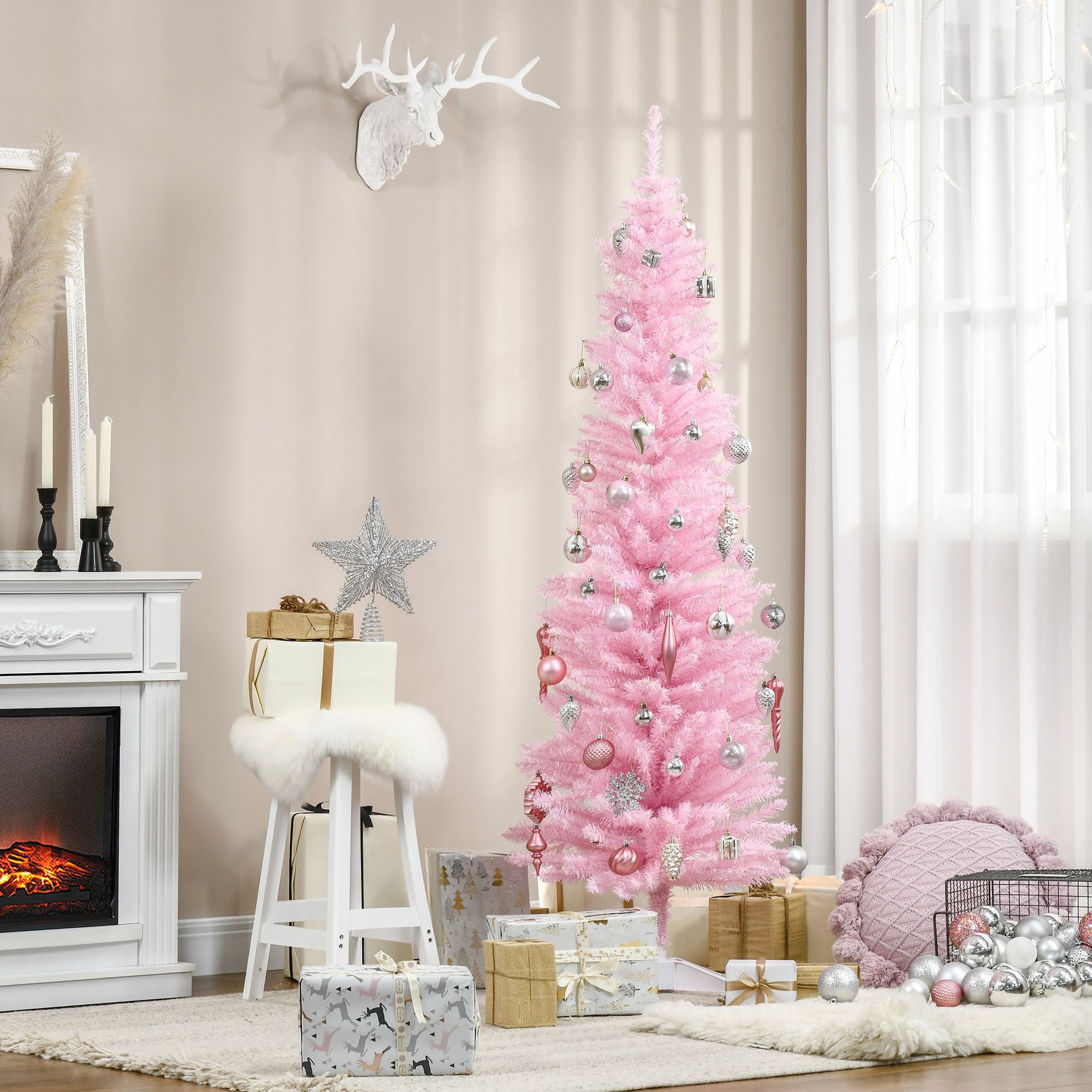 6' Artificial Pencil Christmas Tree, Slim Xmas Tree with 390 Realistic Branch Tips and Plastic Stand, Pink