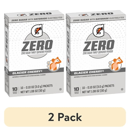 (2 pack) Gatorade G Zero Sports Drink Glacier Cherry, Powdered Energy Drink Mix, 0.10 oz, 10 Count Packets