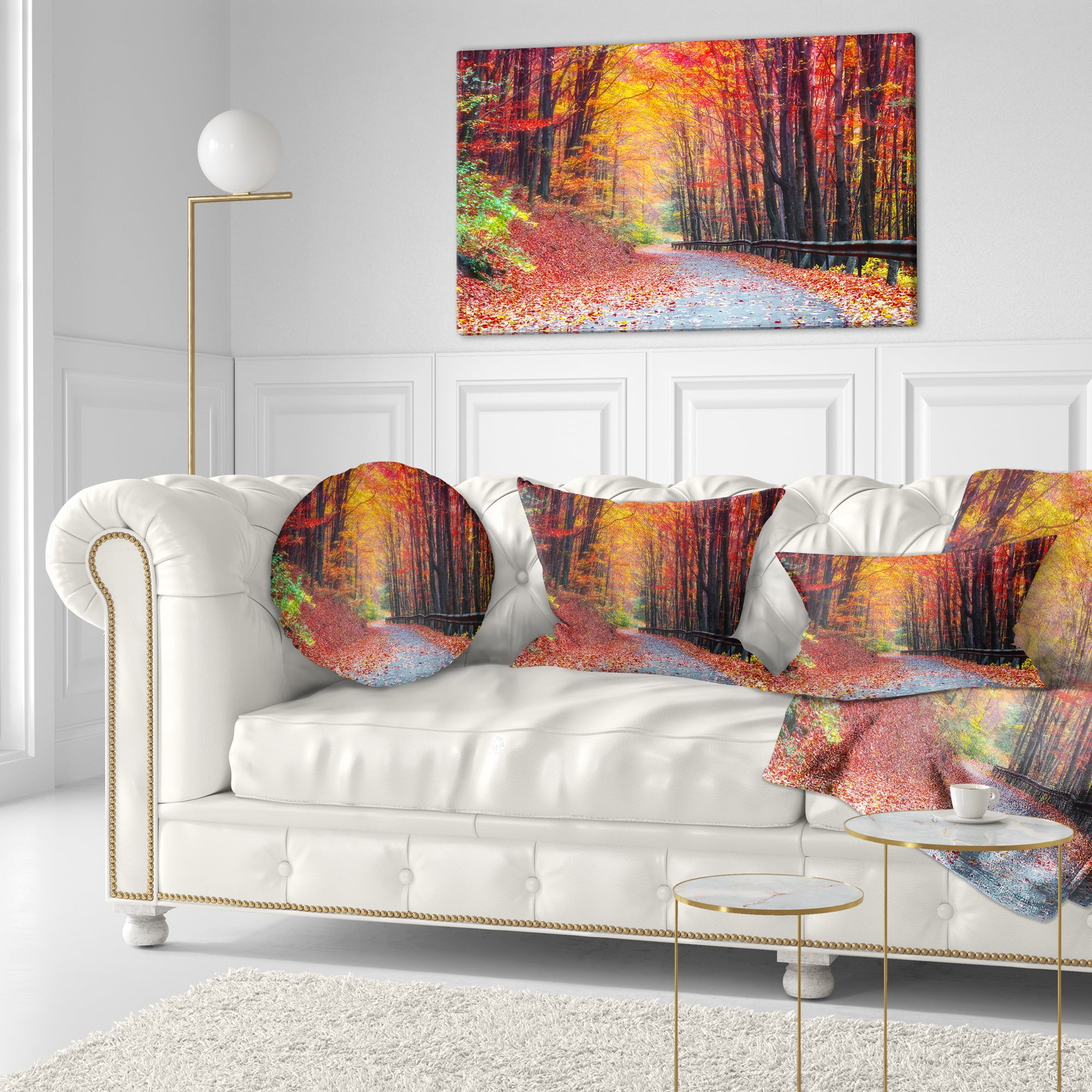 Designart Road in Beautiful Autumn Forest - Modern Forest Throw Pillow - 12x20