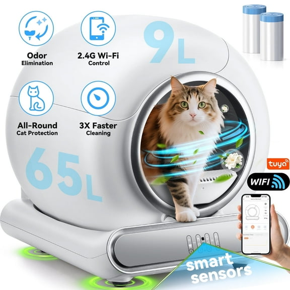 Self Cleaning Cat Litter Box, Automatic Litter Box with Liner, 65 9L Large for Multiple Cats, App Controlled, Odor Removal, Anti-Pinch Design