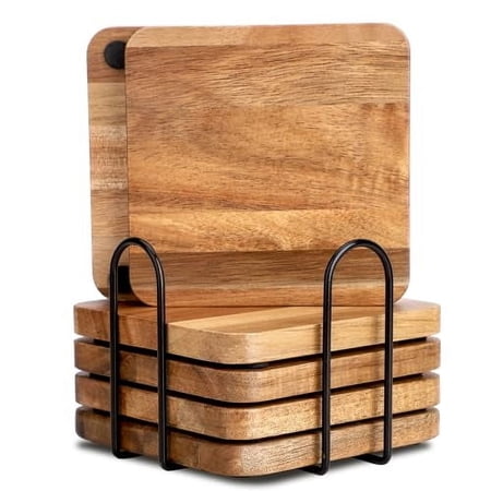 Acacia Wood Coasters Square for Drinks Tabletop Protection with Holder Set of 6, Wooden Coasters for Coffee Table Dining Table Desk Rustic Coasters for Home Office Christmas Decor 4 Inch …