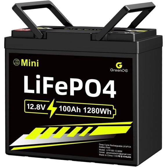 GreenOE 12V 100Ah Mini LiFePO4 Battery,Deep Cycle Battery with 100A BMS, 1280Wh, up to 15000 Cycles, Lithium Battery for RVs, Trolling Motor & Solar System