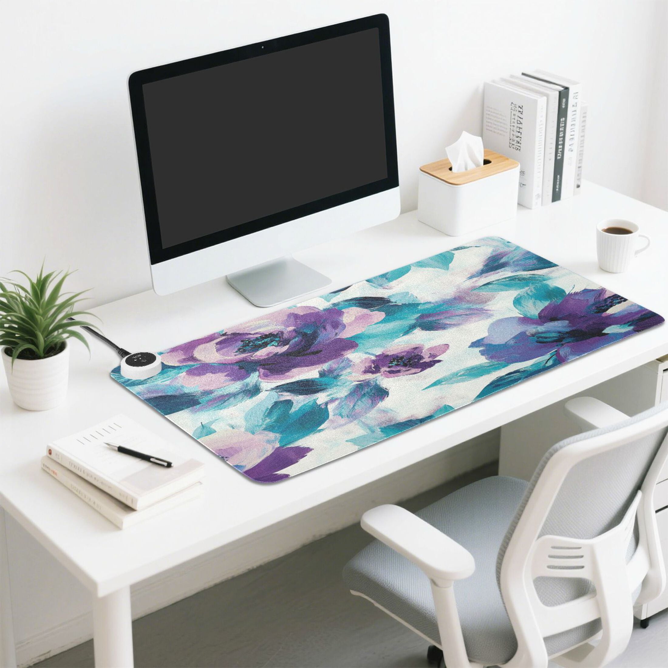 Wobogo Purple Green Flora Heated Mouse Pad Extra-Large Desk Mat With 3 Heating Levels and 3-hour Auto Shut-Off Protection Ideal for Computer Keyboards Home Office Hand-warming Essential 31.5in × 13in