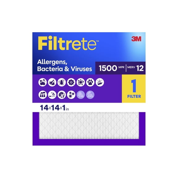 Filtrete 14x14x1 HVAC Furnace Air Filter, MPR 1500 MERV 12, Allergen, Bacteria and Virus, 1 Filter
