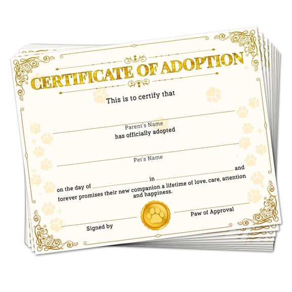 30PCS Paw Prints Pet Adoption Certificates Puppy Dog Cat Adoption Party Decorations 9.8"x7.8" Golden Blank Puppy Adoption Certificates Birthday Party Favors Cards
