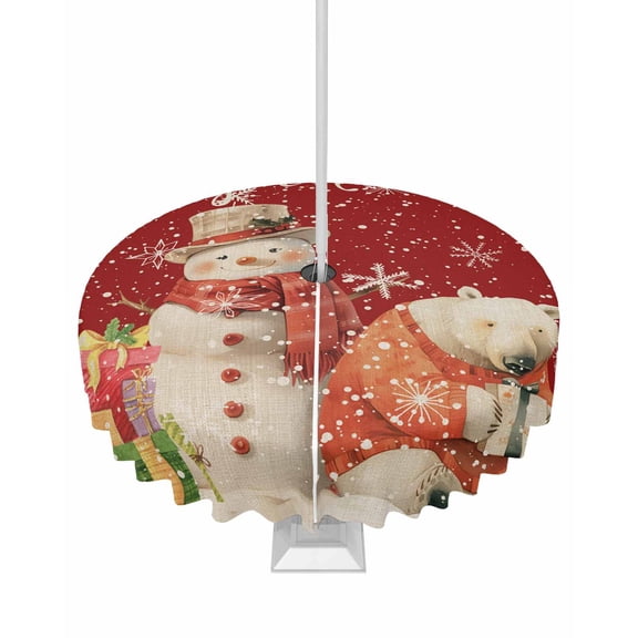 Fsddascl Red Christmas Outdoor Tablecloth - 54 Inch Round Dining Table Cover, Xmas Snowman Bear Snowflake Waterproof Outdoor Table Cloth with Umbrella Hole & Zipper for Picnic/Patio/Party