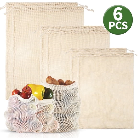 Reusable Organic Cotton Mesh Produce Bags - Organic Cotton Vegetable Fruit Grocery Bags with Drawstrings for Grocery Shopping,Fruits & Vegetables,6 Pcs