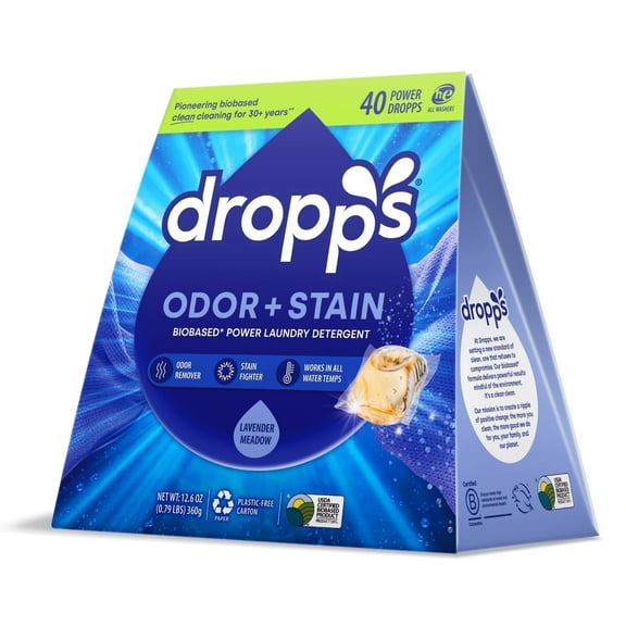 Dropps Laundry Odor and Stain Detergent Pods, Biobased, Lavender Meadow, 40 Ct