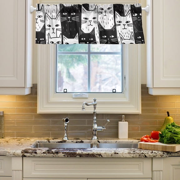 Black and White Cats Curtain Valances Farmhouse Design Window Treatment Decor Blackout Rod Pocket for Windows Living Room Kitchen 54" x 18"