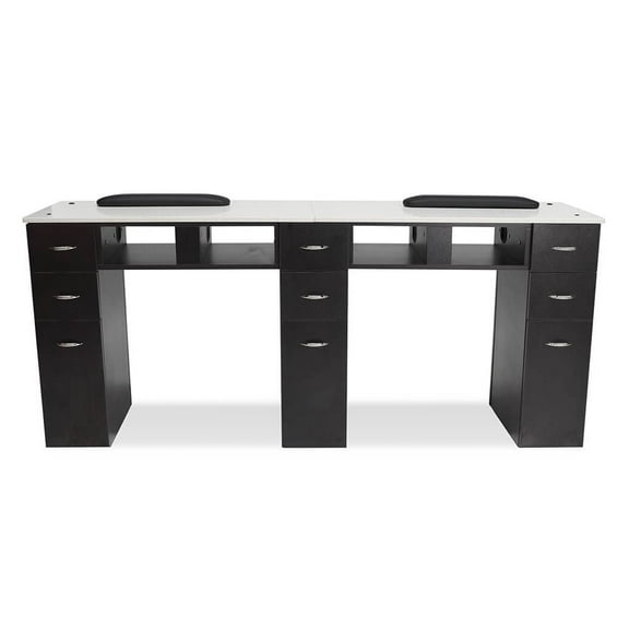 J&A Double Manicure Table Nail Station for Beauty Salon Furniture & Equipment, Granite Top & 4UV Hole, Brown/White