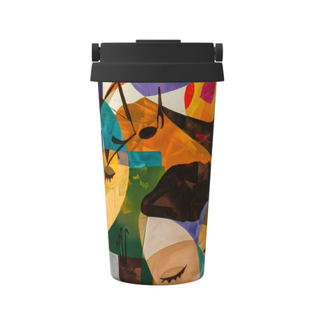 

Uemuo Abstract Musical Faces Print Carry Insulated Coffee Mug Travel Mug with Hidden Handle Insulated Coffee Flask Leak-proof Travel Mug Insulated Mug for Office