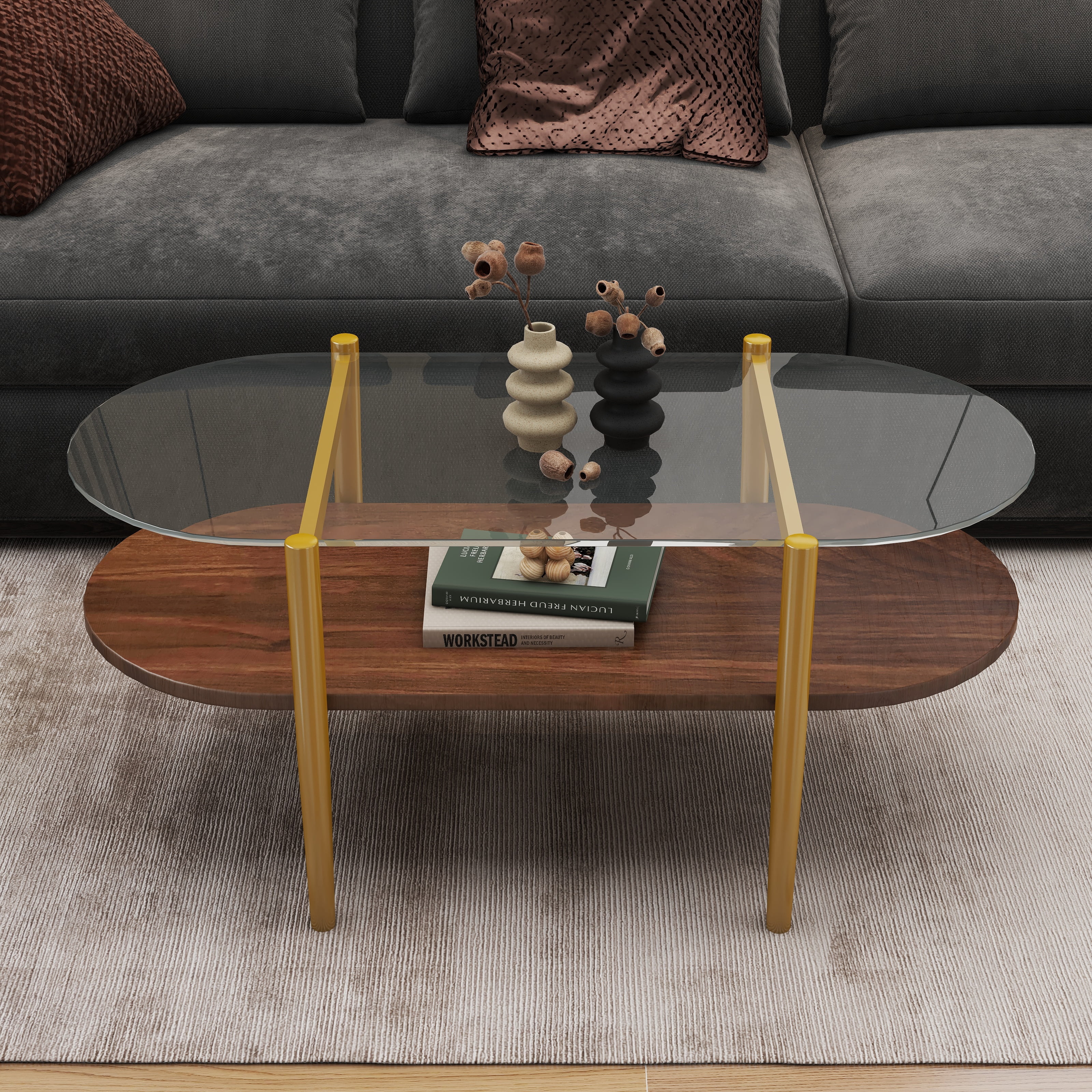 Oval Modern Glass Coffee Table Double Layer Storage Transparent Brown MDF Living Room