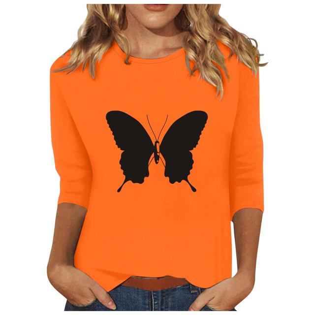 Dadaria Chemise Orange pour Femmes Hauts Manches 3/4 T-Shirt Col Rond Grande Taille Tee Été Chandail Blouses S