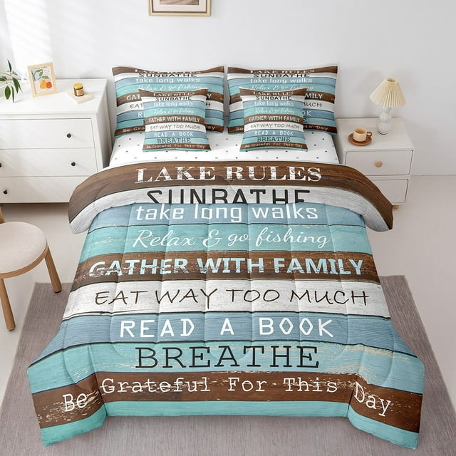 YST Ensemble de Couette Règles du Lac Taille Simple, Ensemble de Literie Thème Maison du Lac 7 Pcs, Lit en Sac Porte de Grange Rétro en Bois, Décor de Cabane de Lac Réversible avec Ensemble de Draps