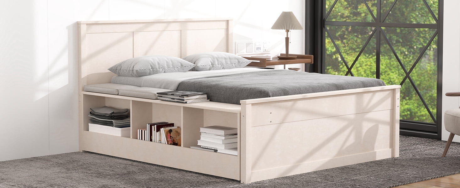 Mintazer Full Platform Bed with Pull-Out Trundle, Modern Bookcase Bed with Storage Cabinet, No Box Spring Needed, White